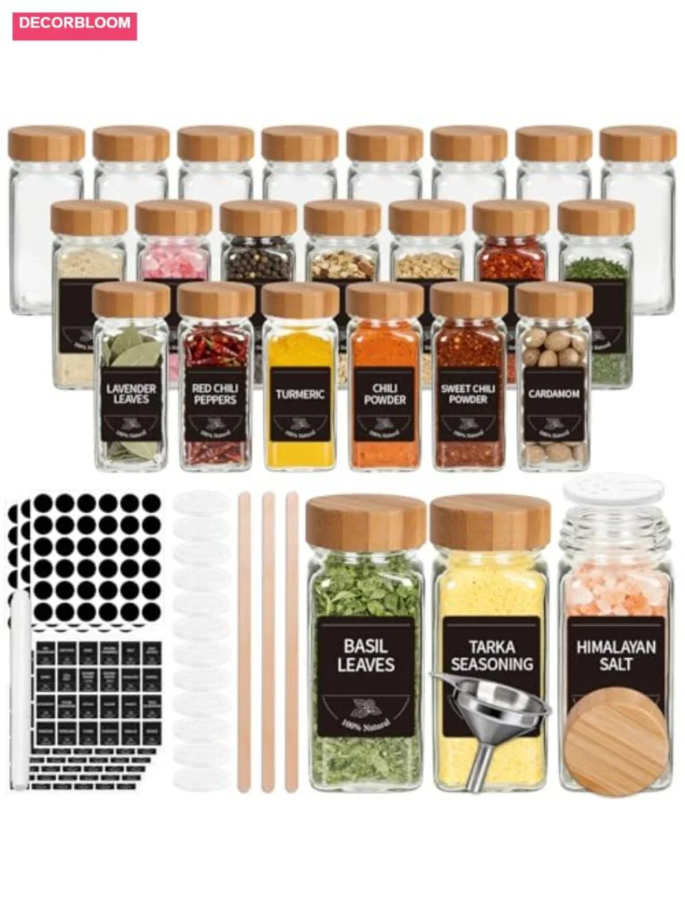 24-Pack Square Glass Spice Jars with Bamboo Lids & Labels, 4oz